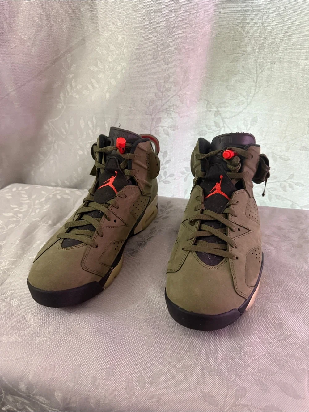 Travis Scott Jordan Men’s Olive Green Sneakers with Red Jumpman Accents